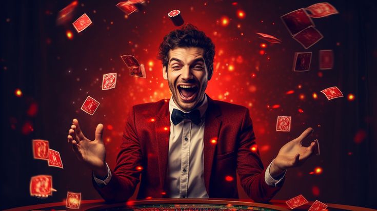 This may contain: a man in a red suit and bow tie is playing roulejack with his hands